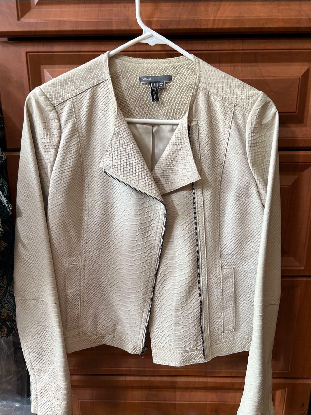 Vince Cream Embossed Leather Asymmetrical Zip Jacket